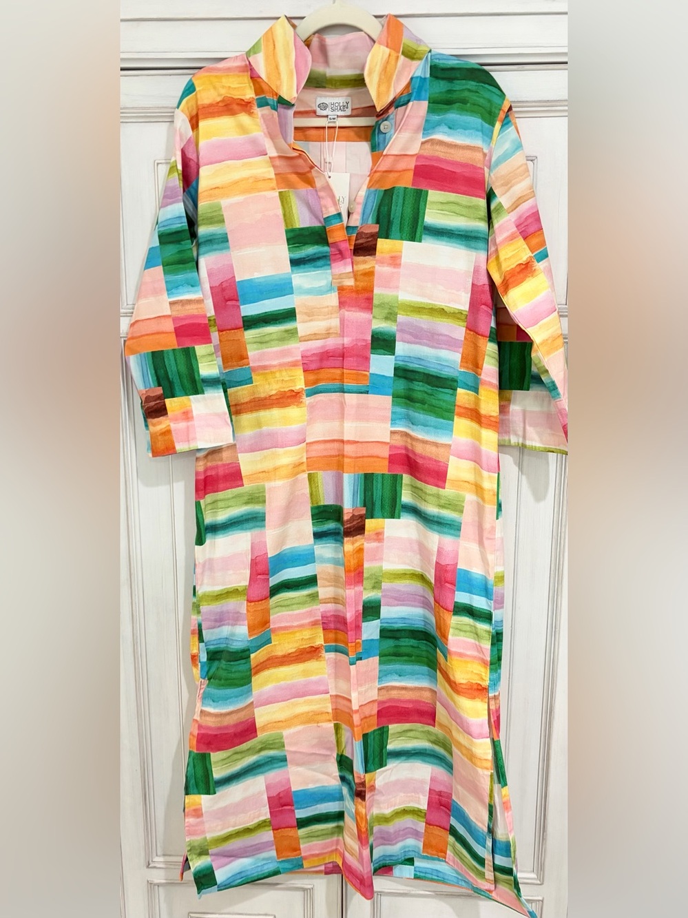 NWT SZ S/M Holly Shae Stretch Vibrant Watercolor Stripe Midi Dress